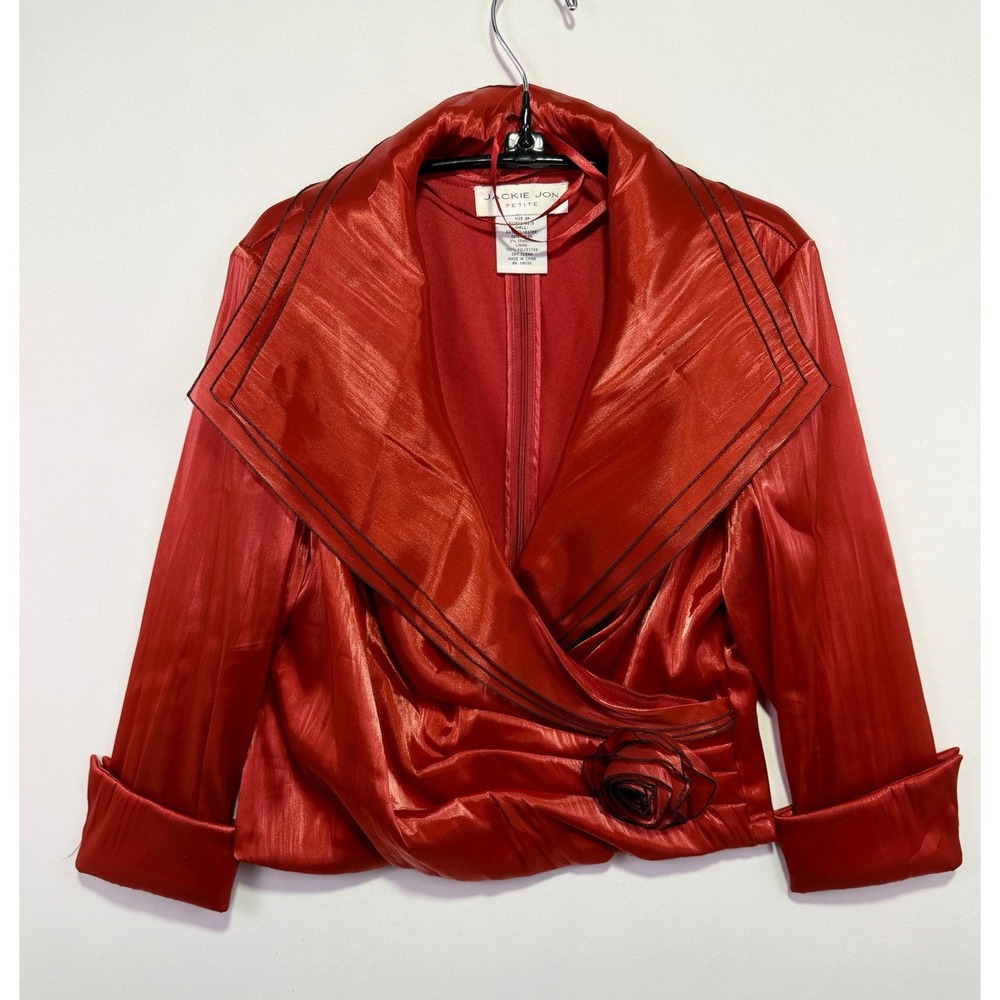 Jackie Jon Petite 8P Red Satin Evening Jacket Rose Portrait Collar Formal Read